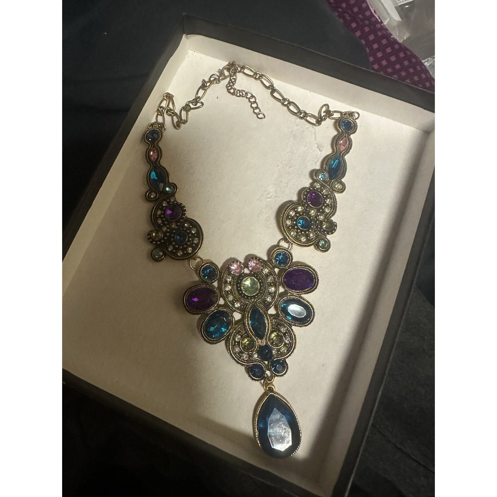 Multicolor Rhinestone Bib Statement Necklace Runway Glam Crystal Purple Teal